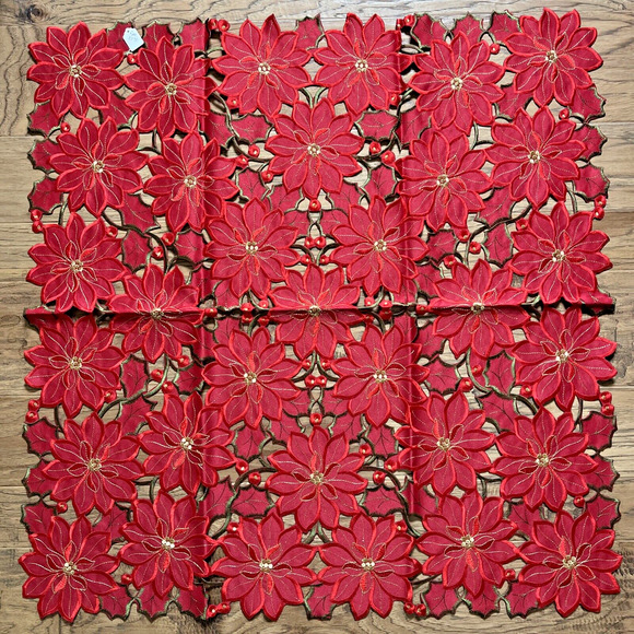 NWT Christmas Table Runner Embroidered Red Poinsettia Holly Wimpole Creations - Picture 2 of 5
